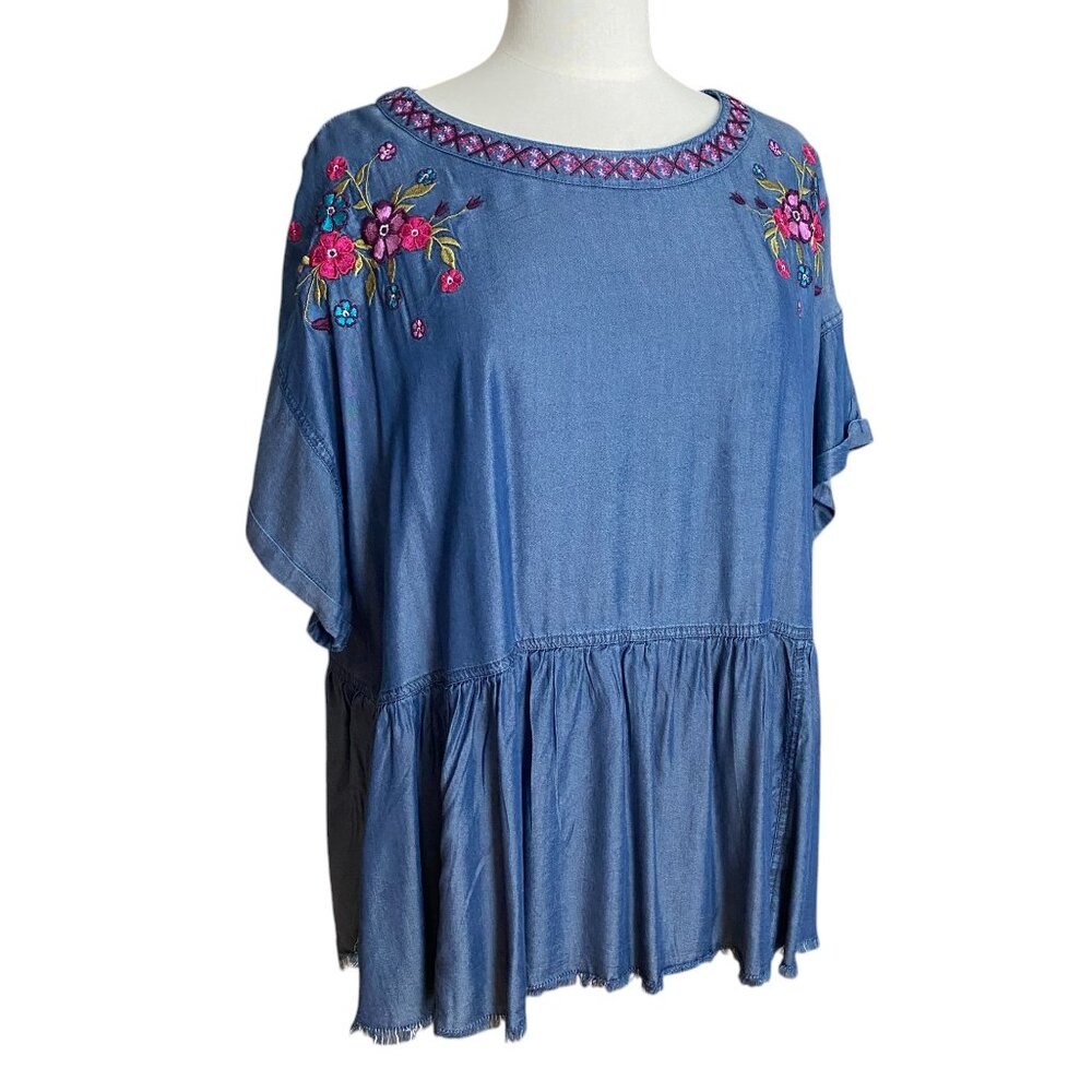 Cato Denim Chambray Floral Embroidered Peplum Top Cottage Boho Chambray-22/24